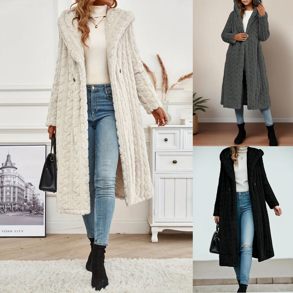 Elegant Long Sleeve Hooded Wool Women's Overcoat