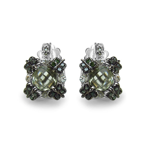 Elegant 2.91 Carat Green Amethyst & Diamond Sterling Silver Earrings