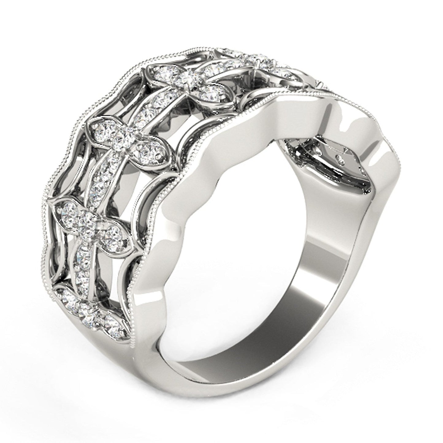 Diamond Studded Four Leaf Clover Ring in 14k White Gold