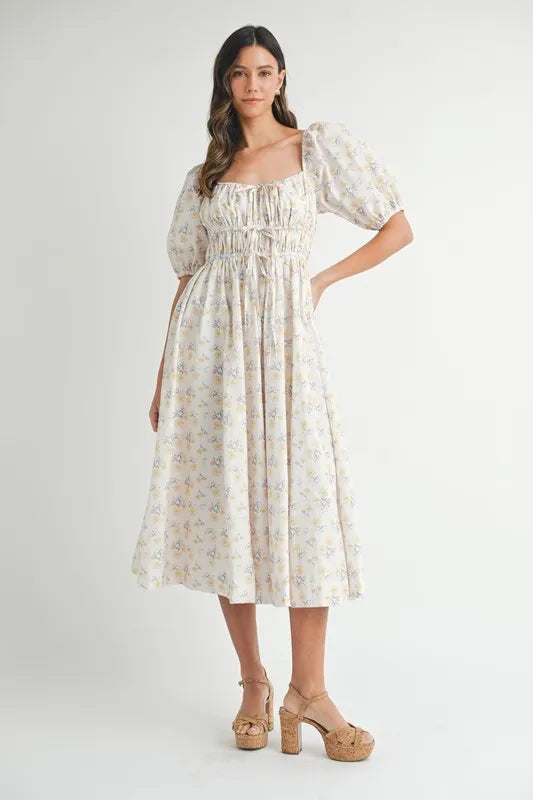 Floral Drawstring Detail Puff Sleeve Midi Dress