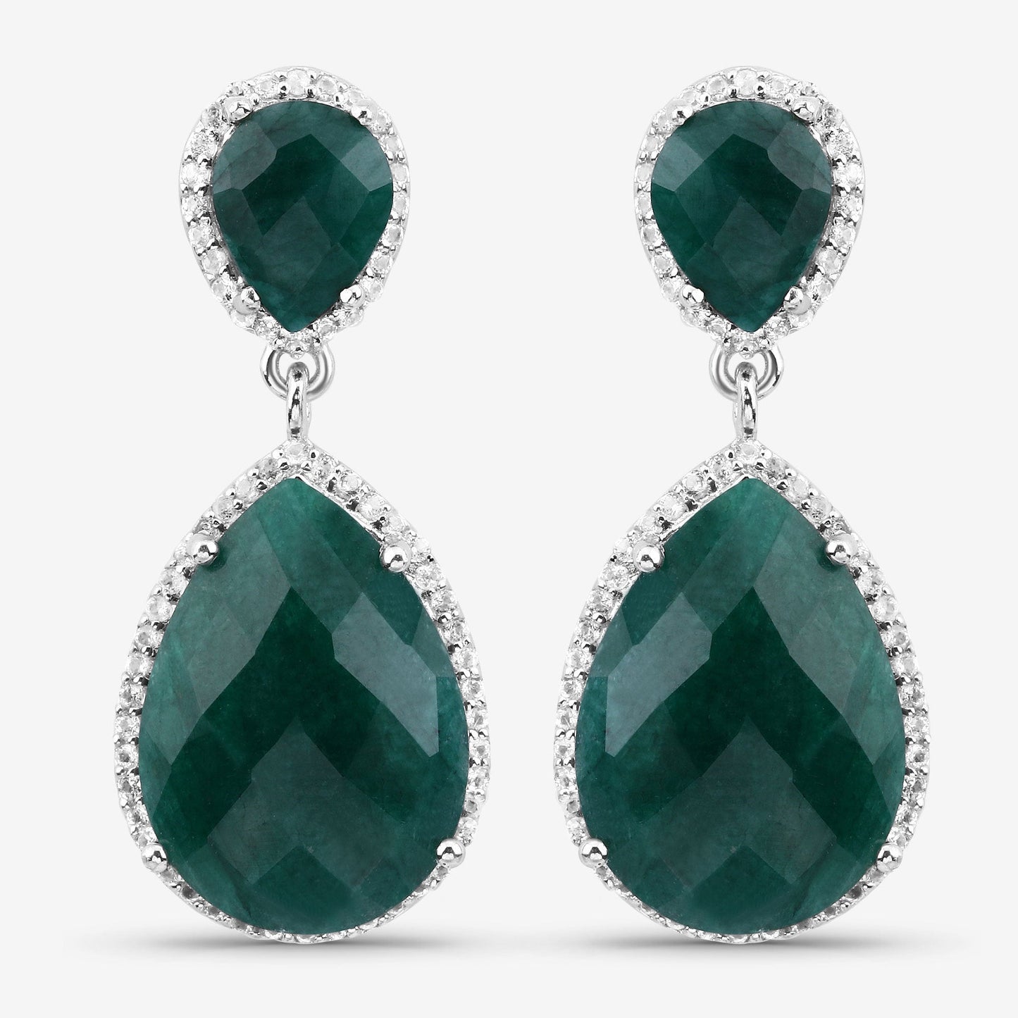 19.42 Carat Dyed Emerald and White Topaz Sterling Silver Earrings