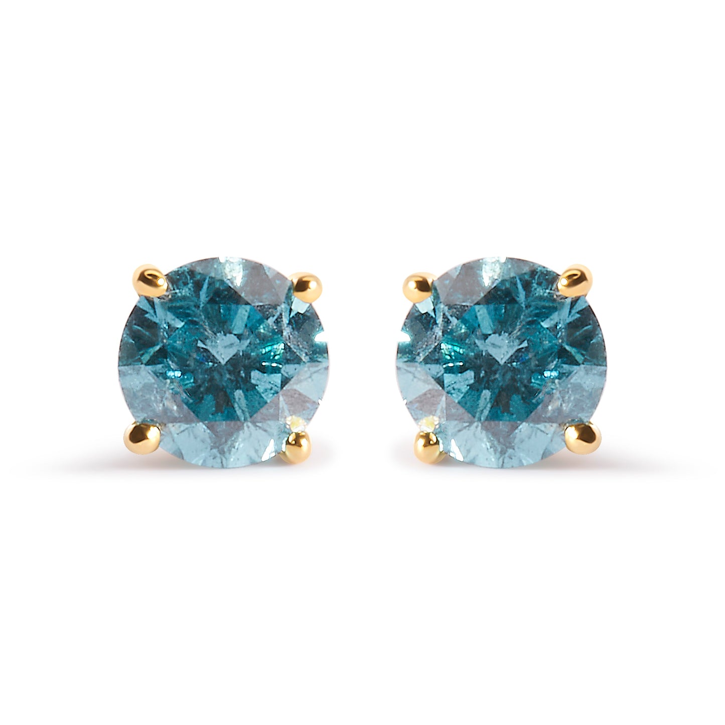 14K Yellow Gold Aqua Blue Diamond Solitaire Stud Earrings