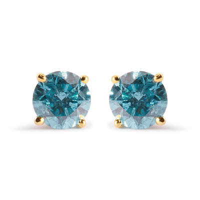 14K Yellow Gold Aqua Blue Diamond Solitaire Stud Earrings