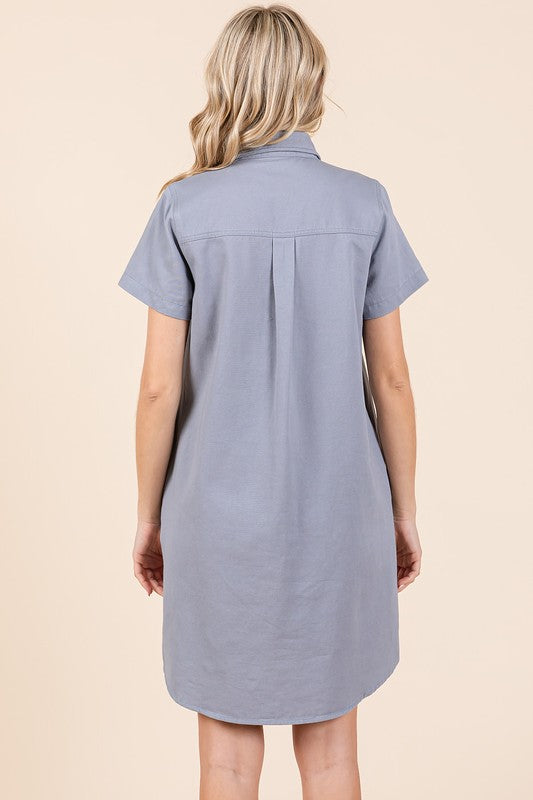Button Detail Collared Neck Short Sleeve Shirt Dress