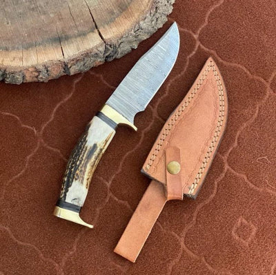 Premium Custom Damascus Steel Hunting Knife with Antler Handle & Brass Accents – 10" | KBS Knives - Korvel