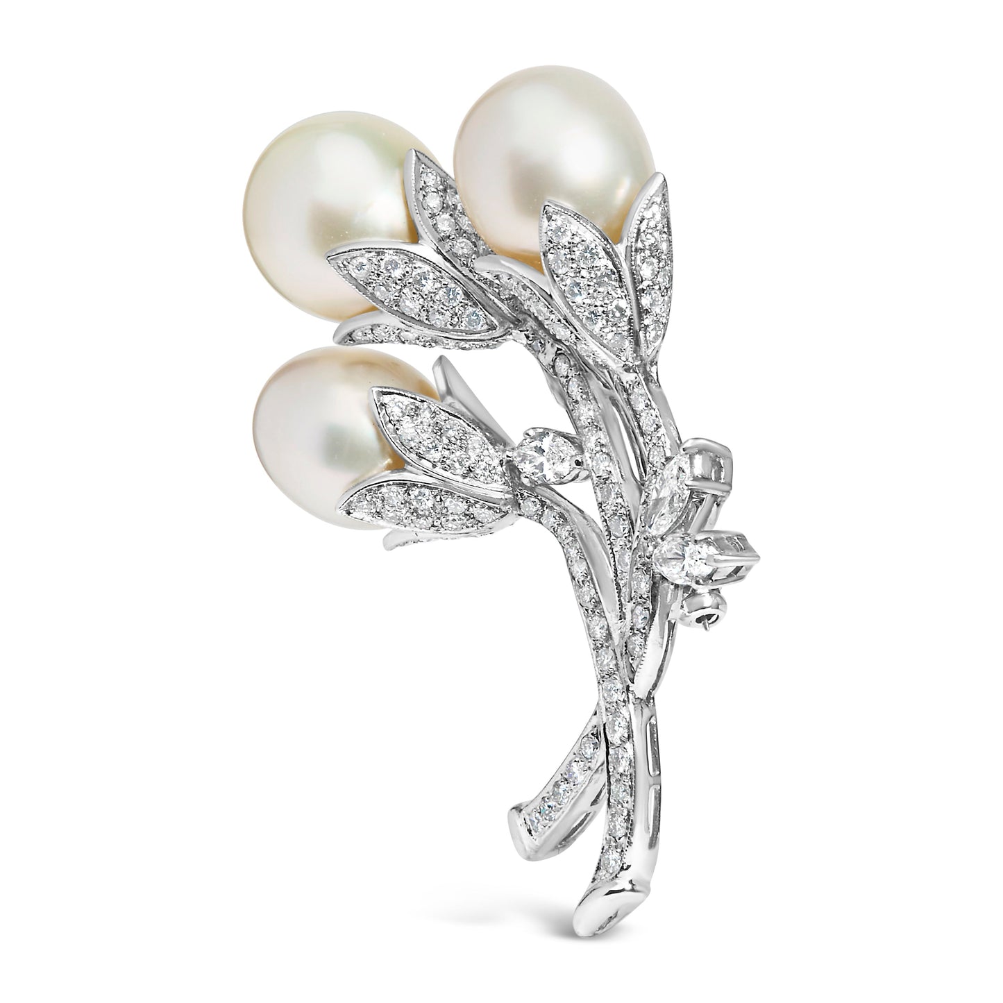 18K White Gold Diamond & South Sea Pearl Floral Brooch Pin