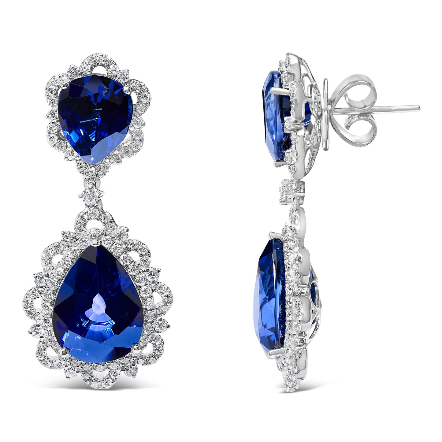 Boucles d'oreilles pendantes en or blanc 18K avec saphirs bleus et halo de diamants