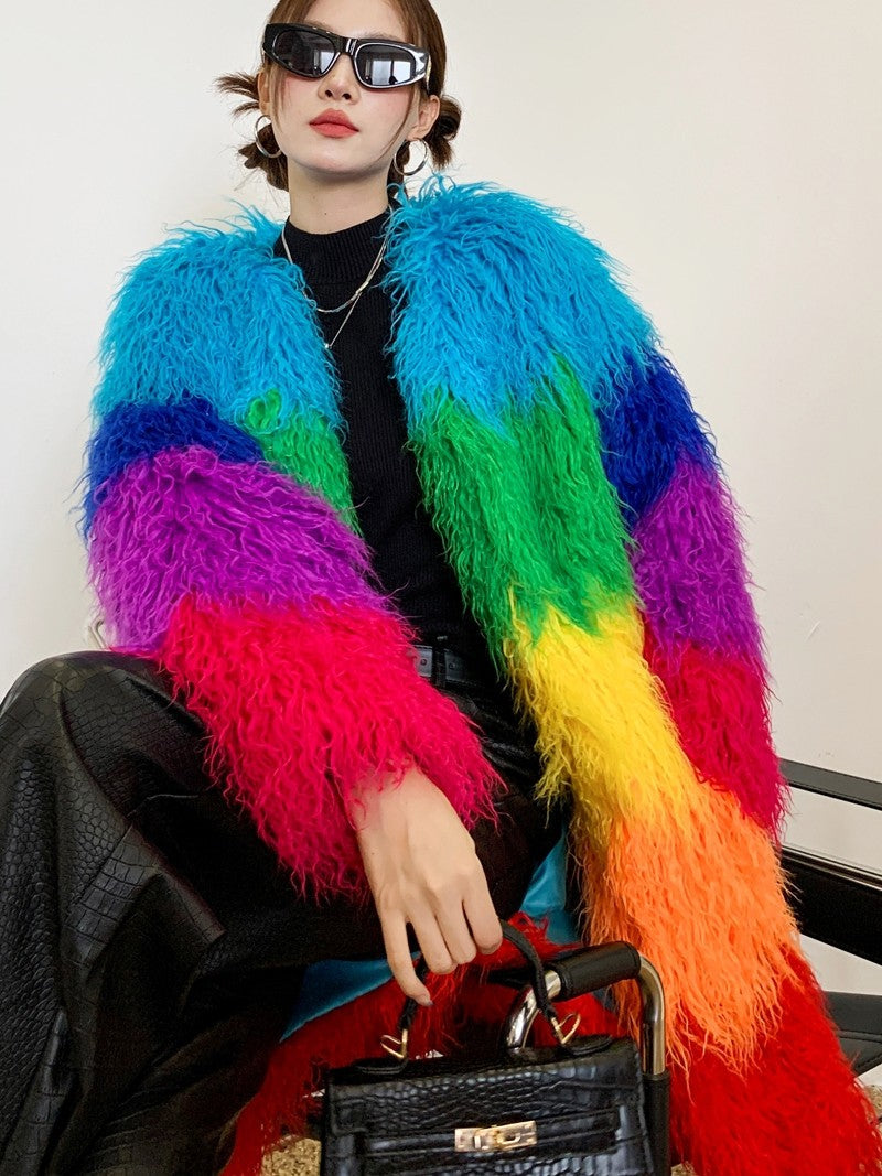 Contrast-Color Plush Patchwork Overcoat