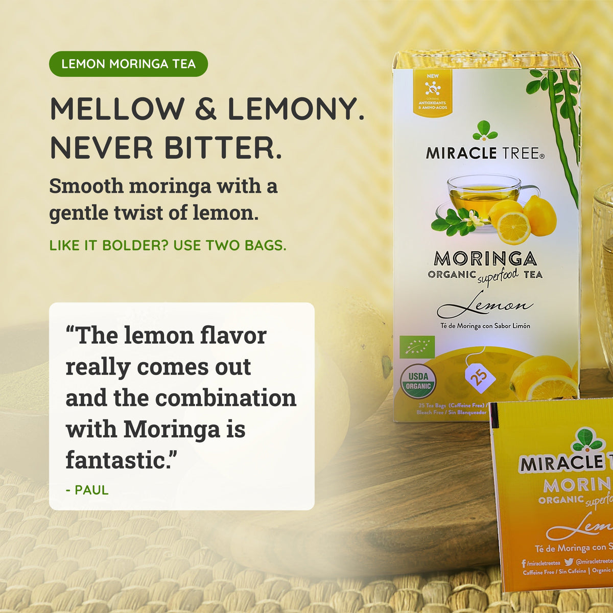 Organic Moringa Tea with Lemon - 25 Wrapped Tea Bags