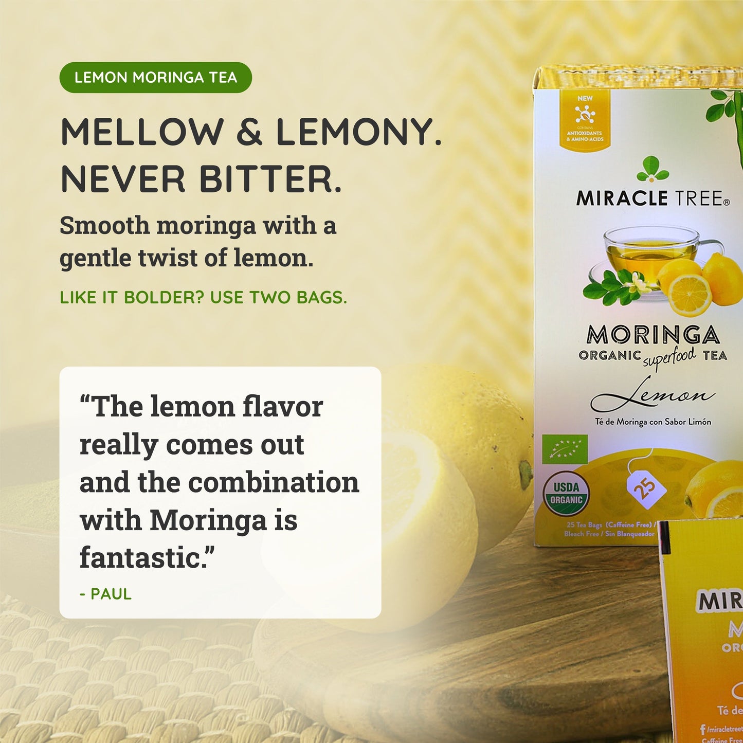 Té Orgánico de Moringa con Limón - 25 Bolsitas de Té Envueltas