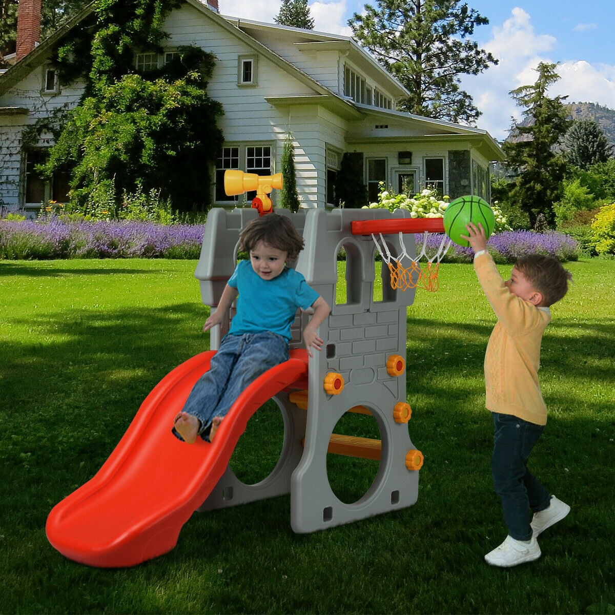 Aire de jeu 5-en-1 pour tout-petits avec toboggan et panier de basket