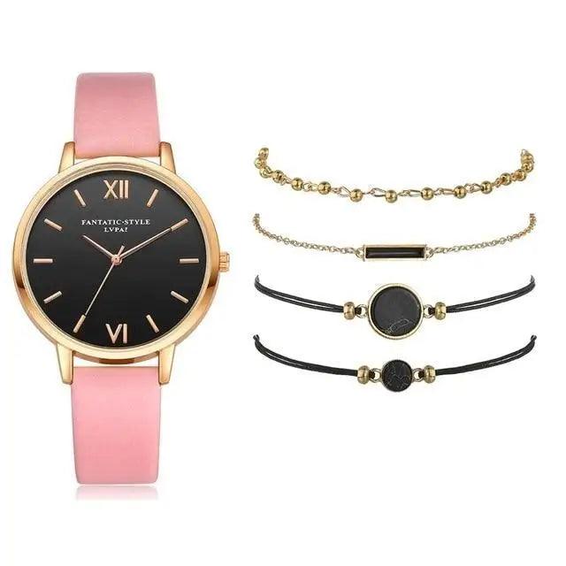Elegant 5-Piece Buckle Quartz Wrist Watch Set for Women