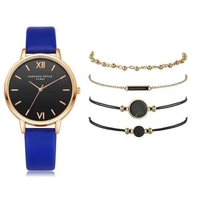 Elegant 5-Piece Buckle Quartz Wrist Watch Set for Women