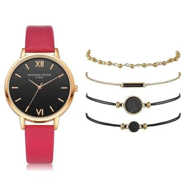 Elegant 5-Piece Buckle Quartz Wrist Watch Set for Women