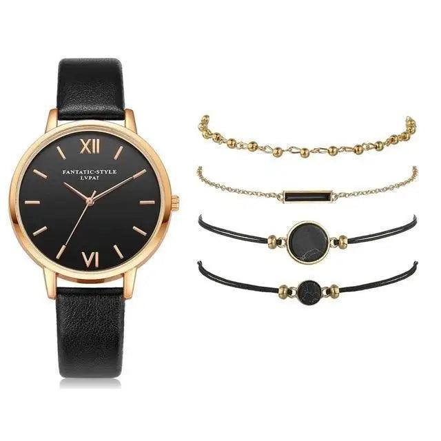 Elegant 5-Piece Buckle Quartz Wrist Watch Set for Women