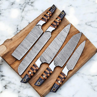 Artisan Crafted Damascus Steel Knife Set - 5 Essential Kitchen Knives with Leather Storage - Korvel