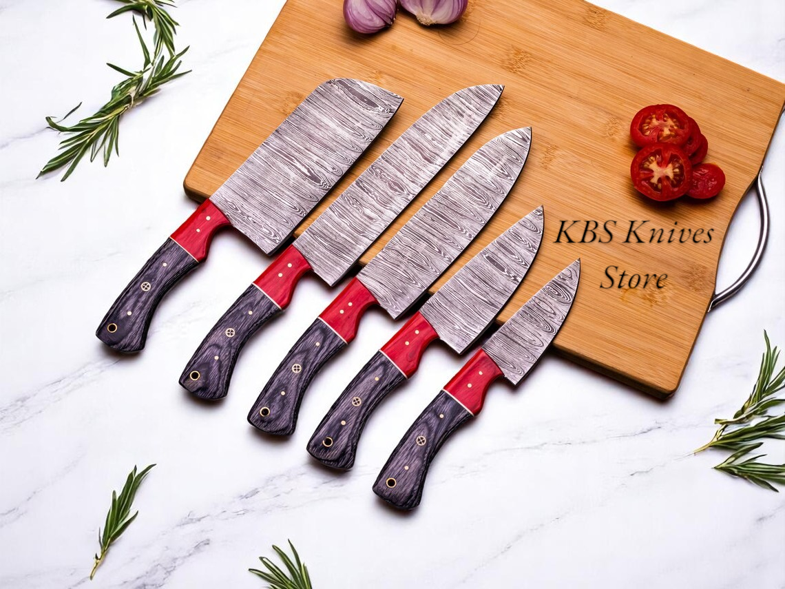 Exquisite 5-Piece Custom Handmade Damascus Knife Set with Luxurious Pakka Wood Handles - Korvel