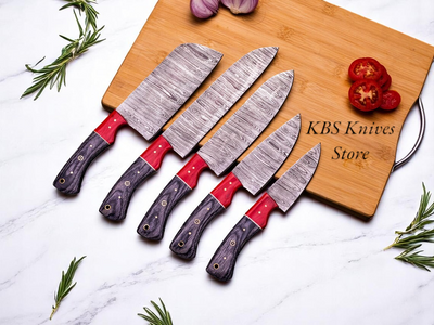 Exquisite 5-Piece Custom Handmade Damascus Knife Set with Luxurious Pakka Wood Handles - Korvel
