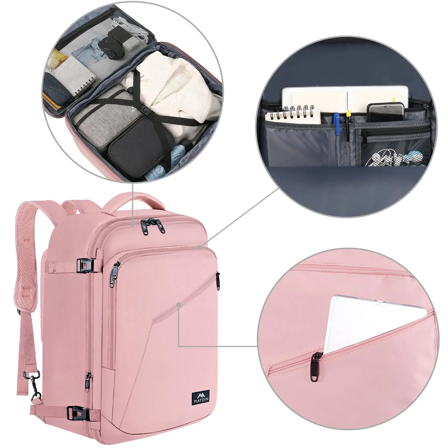 MATEIN Mochila de Viaje Rosa para Mujeres - Aprobada por Aerolíneas y Expandible