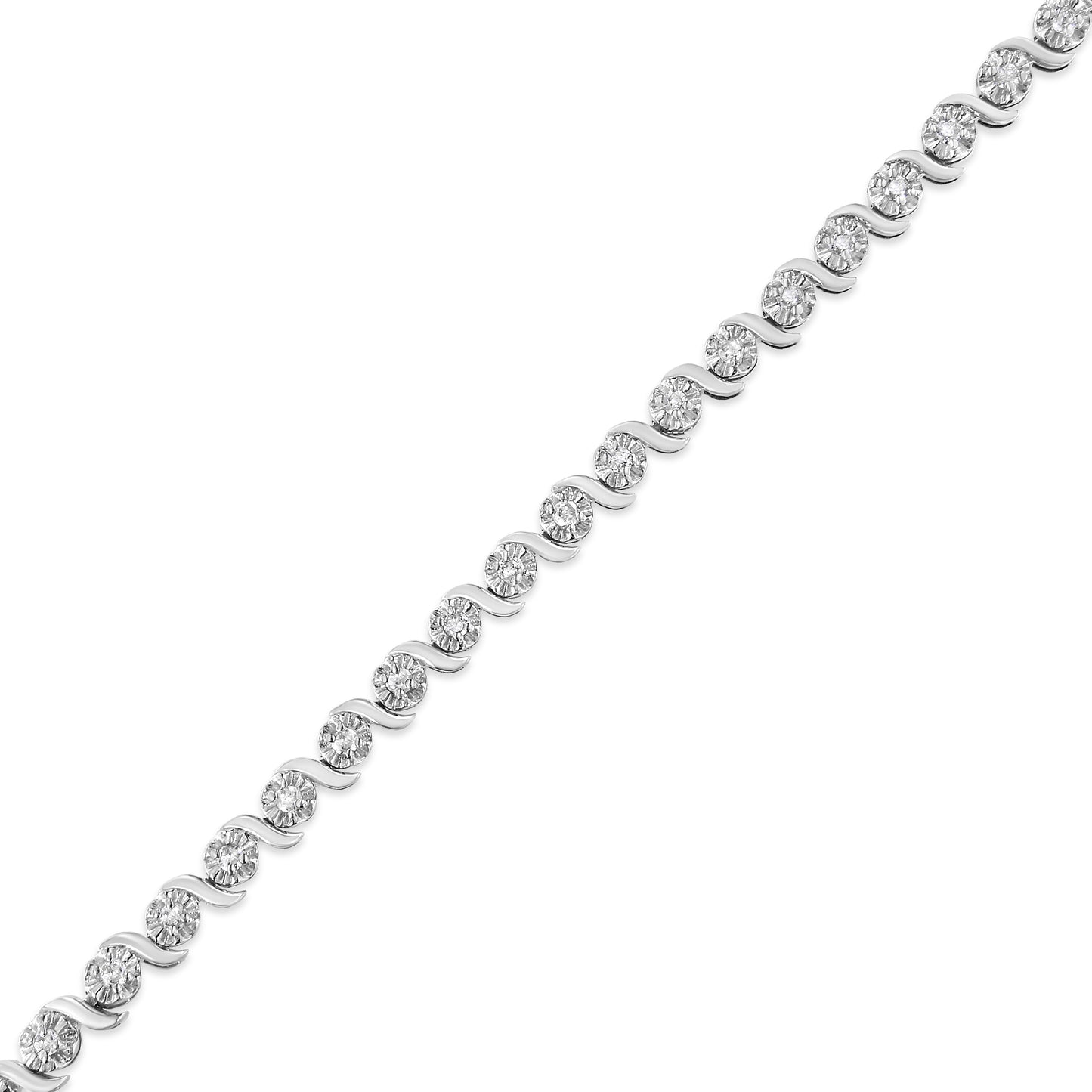 .925 Sterling Silver Diamond Spiral Wave Tennis Bracelet