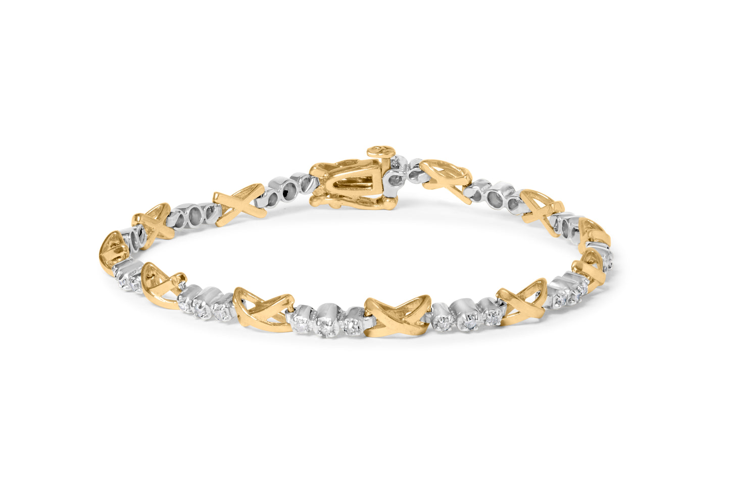10K Two-Tone Gold Diamond 3 Stone X-Link Bracelet - 1/2 Cttw