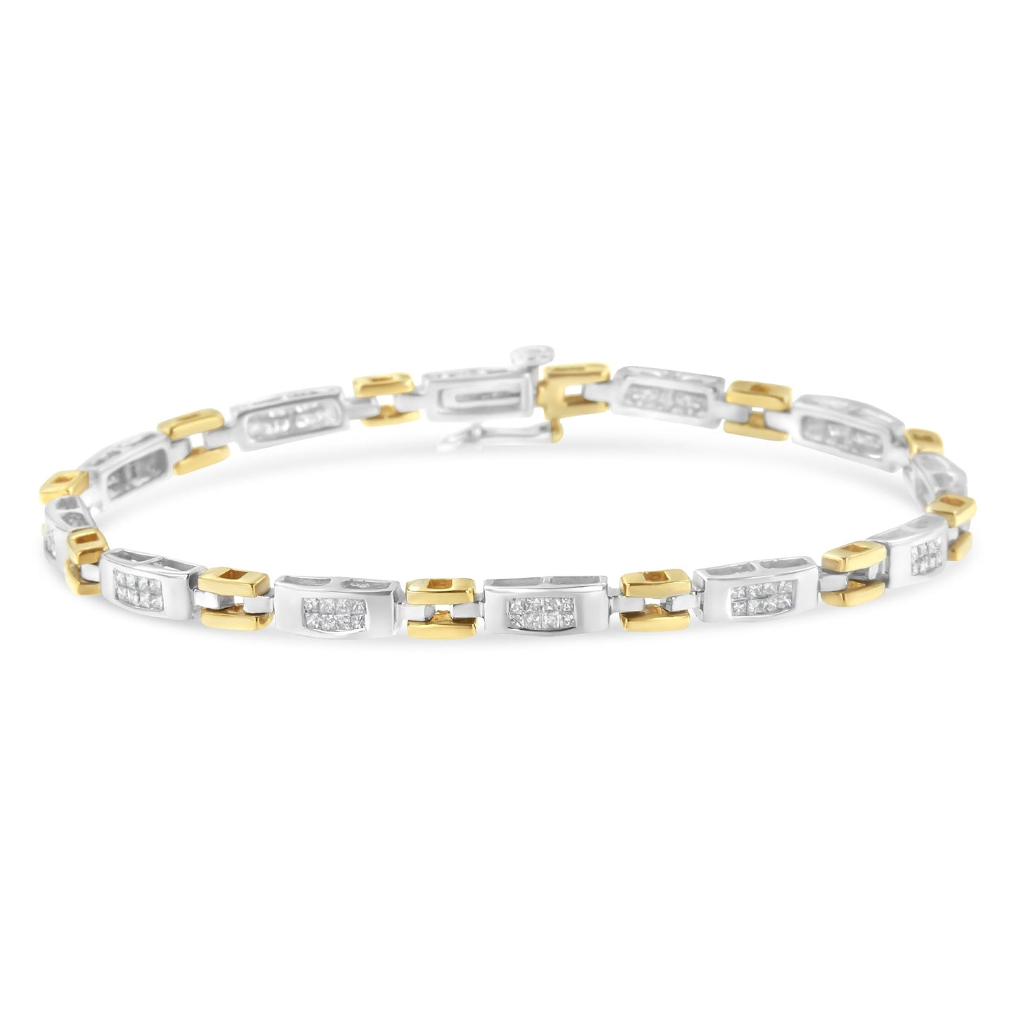 Pulsera de eslabones geométricos de diamantes de corte princesa de oro bicolor de 10K