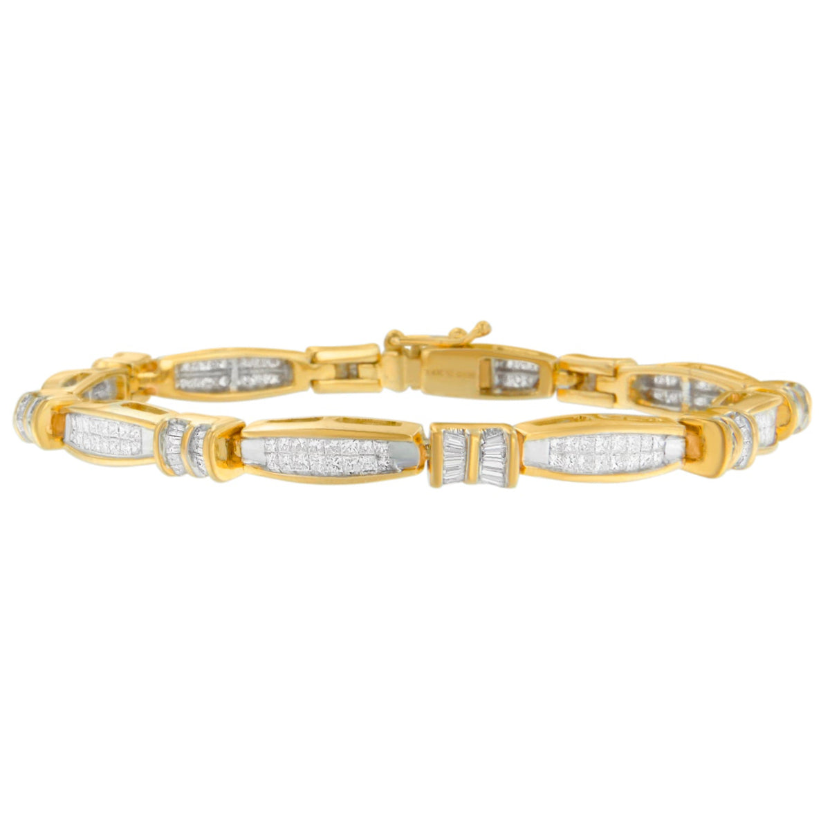 Bracelet en or jaune 14K avec diamants en perles et tailles princesse et baguette