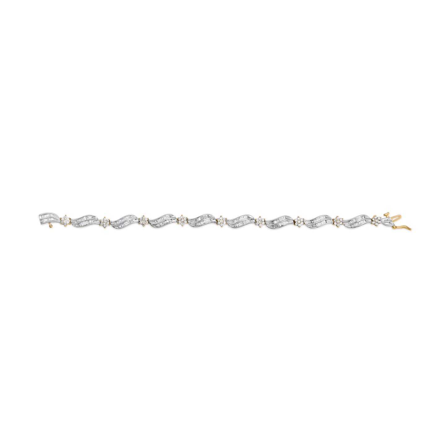 10K Yellow and White Gold Diamond Cluster Wave Link Bracelet - 7.25"