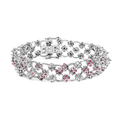 14K White Gold Pink Sapphire and Diamond Floral Bracelet - 7.25"