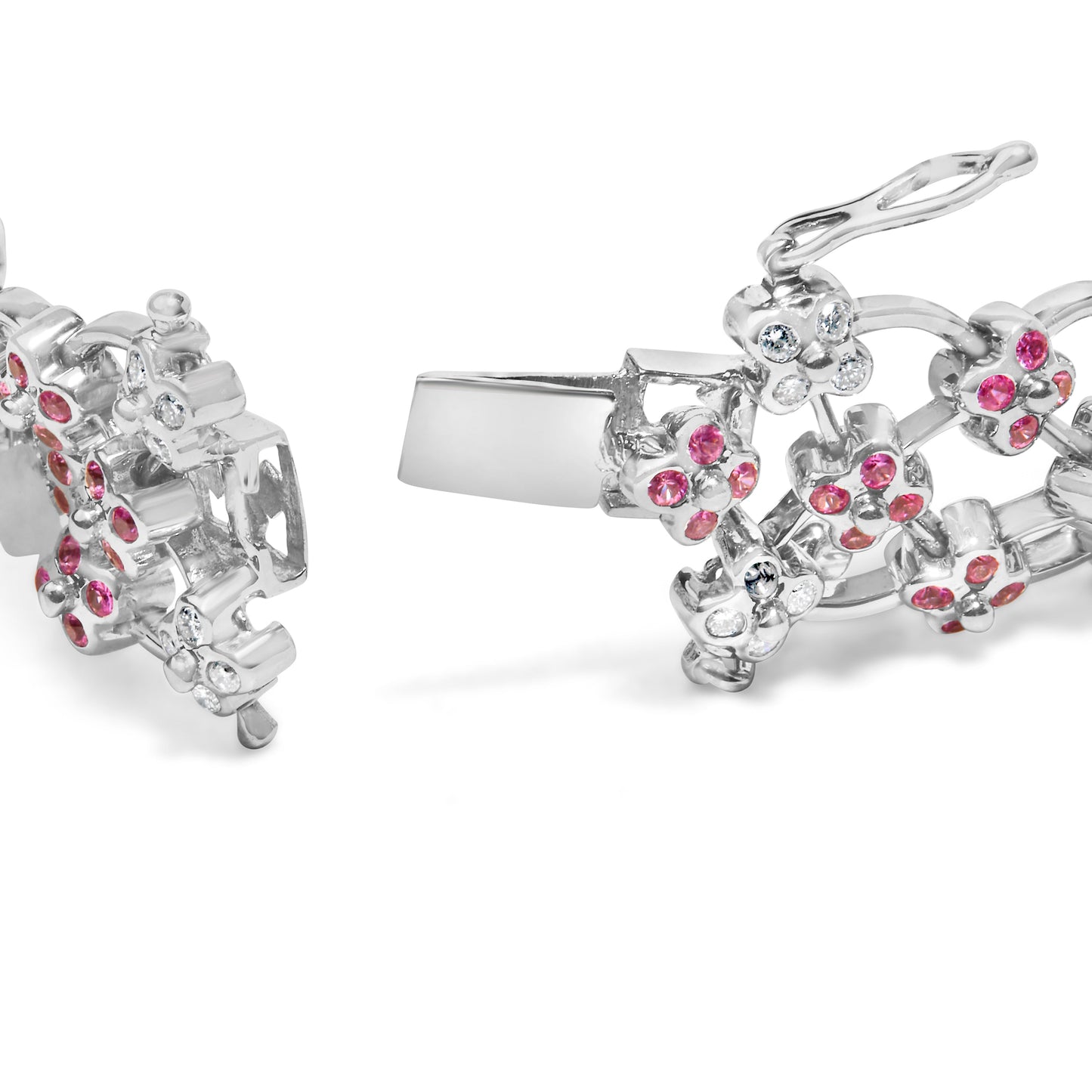 Bracelet floral en or blanc 14K avec saphirs roses et diamants - 7,25"