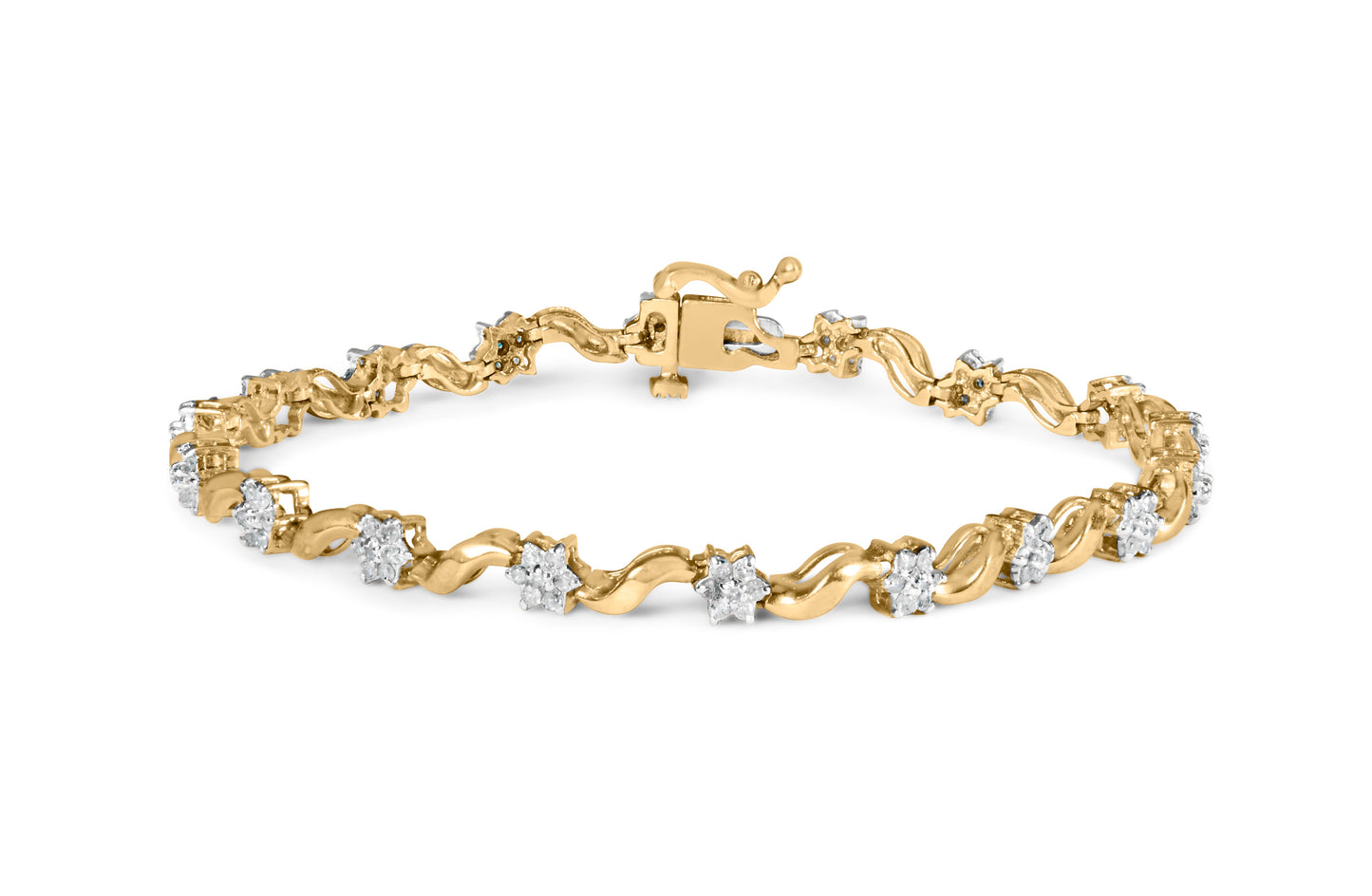 10k Yellow Gold Diamond Floral S-Link Bracelet - 1.00 Cttw