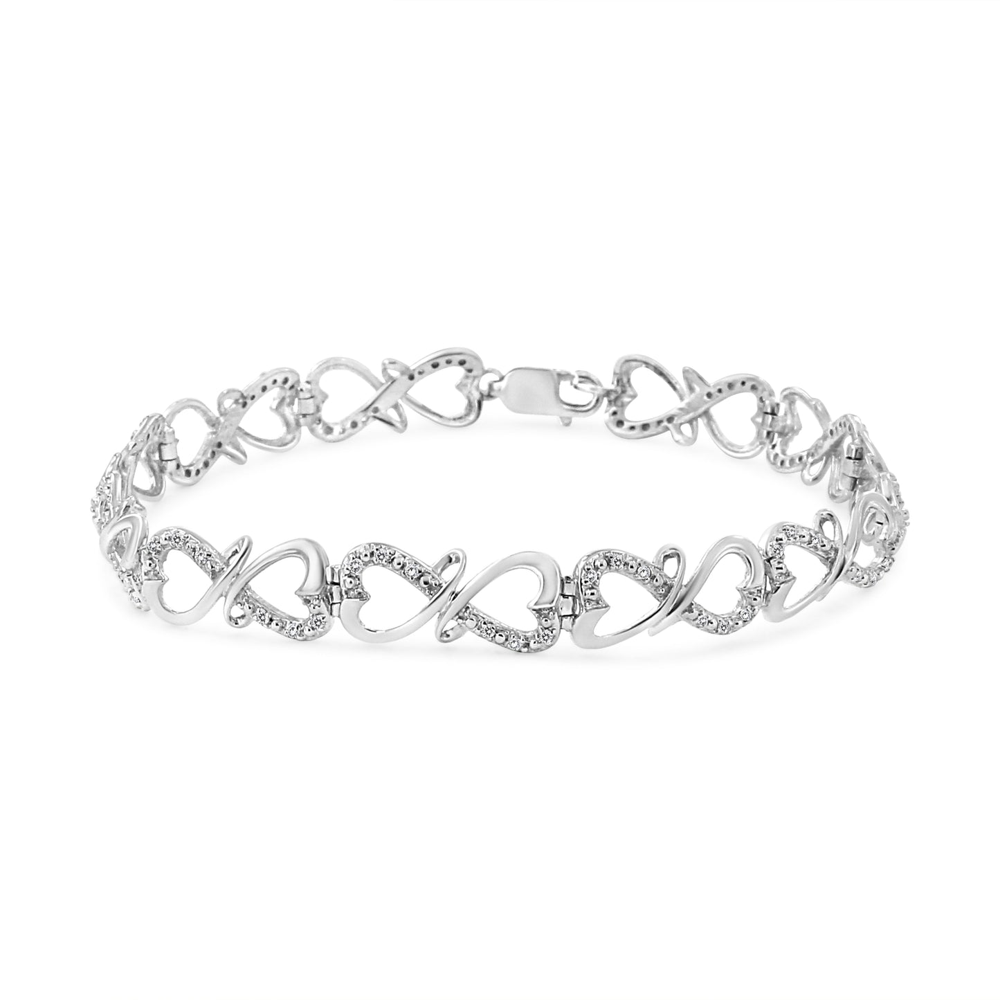 .925 Sterling Silver Double Heart Infinity Link Bracelet with Diamonds