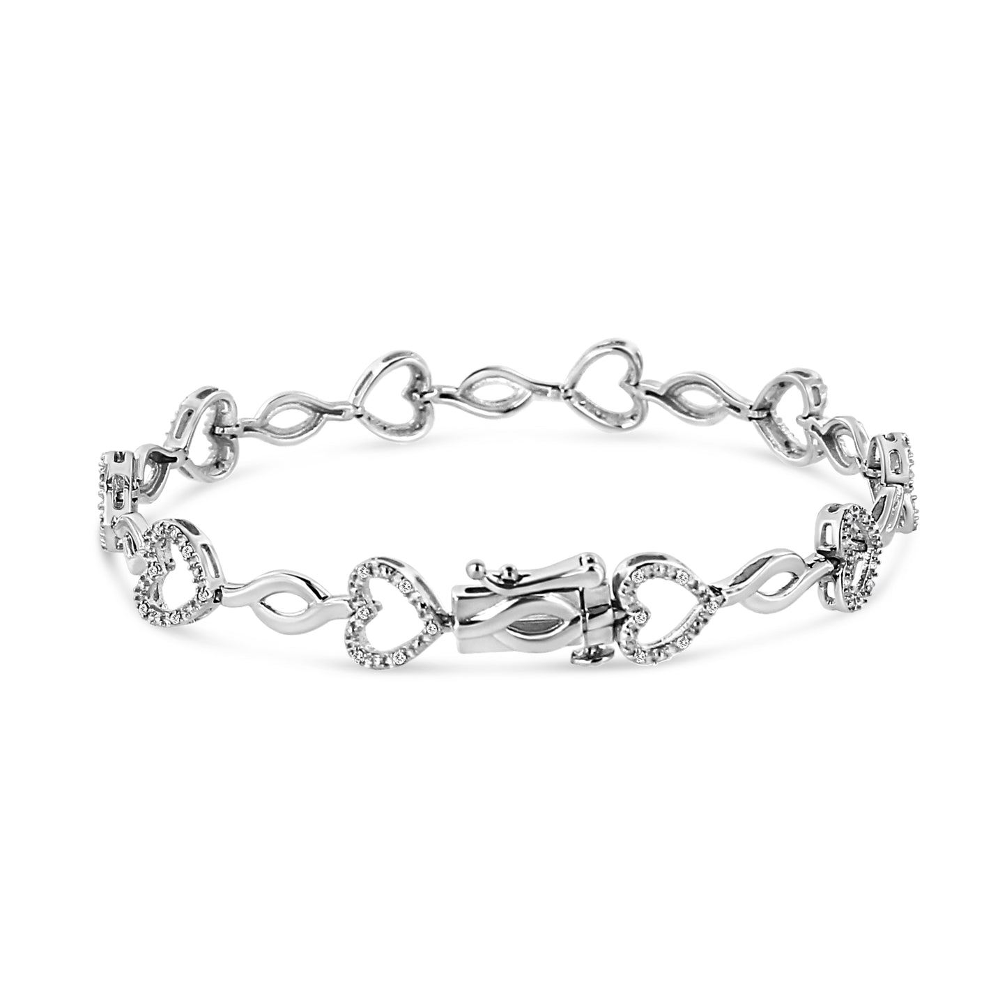 Pulsera de Enlace de Corazón y Hoja de Diamante de Plata Esterlina .925 - Tamaño 7.25