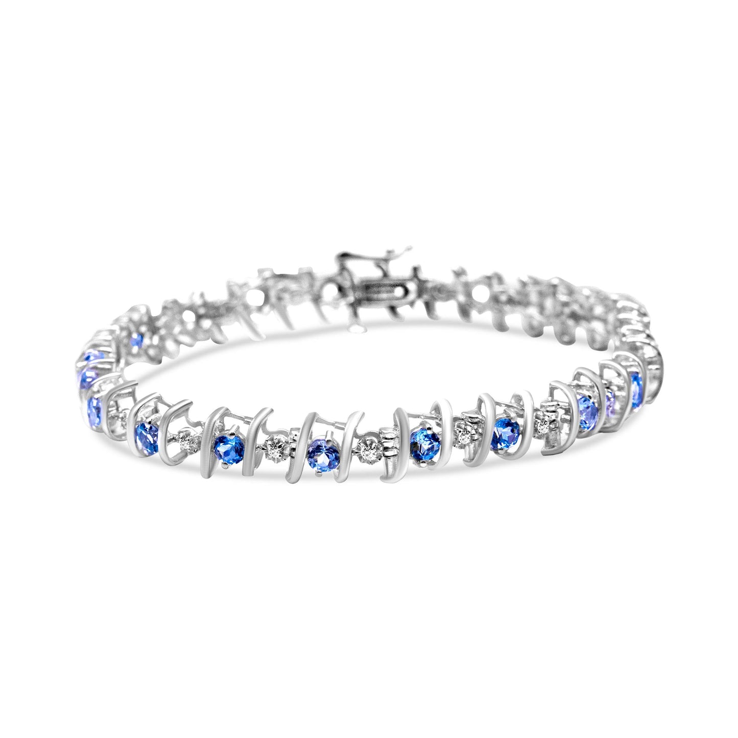 Bracelet de tennis en argent sterling .925 avec diamants ronds et saphirs cultivés en laboratoire