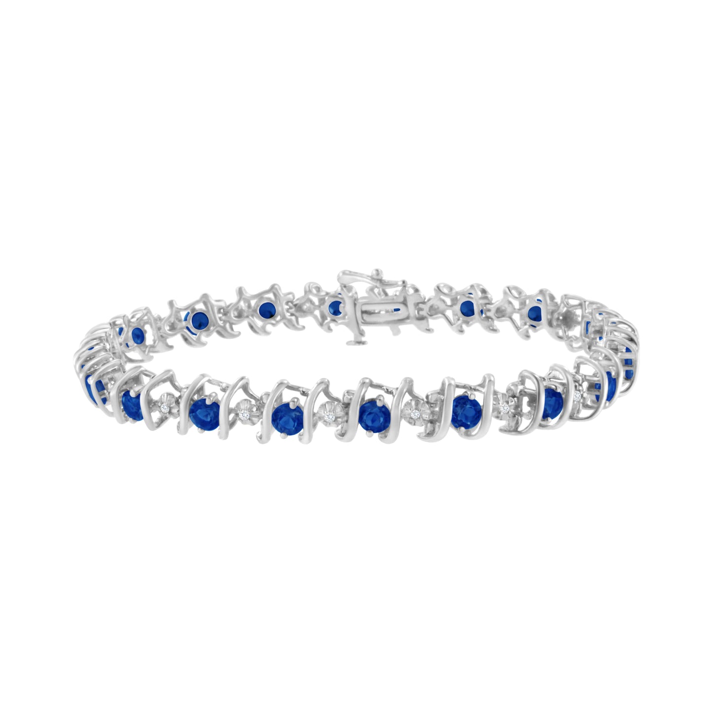 Bracelet de tennis en argent sterling .925 avec diamants ronds et saphirs cultivés en laboratoire
