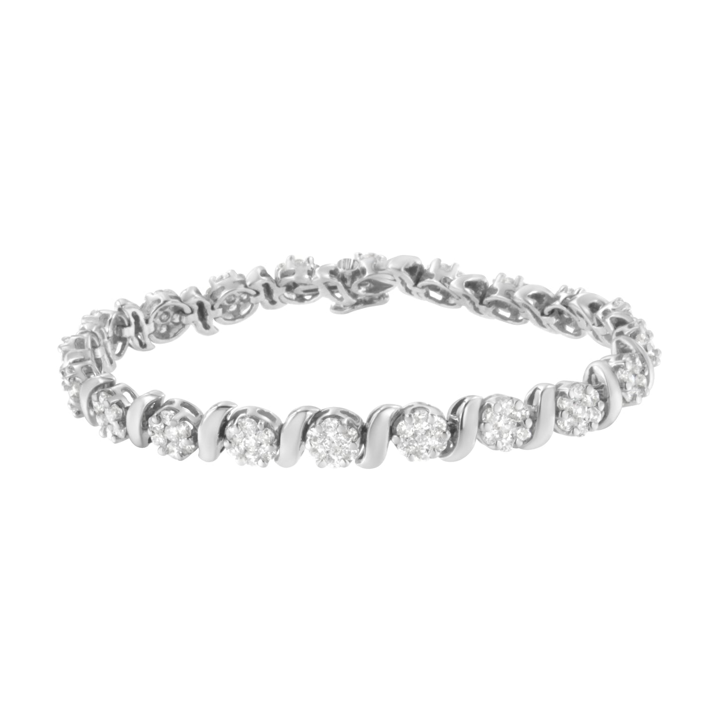 14K White Gold Diamond S-Link Floral Cluster Tennis Bracelet - Size 7"
