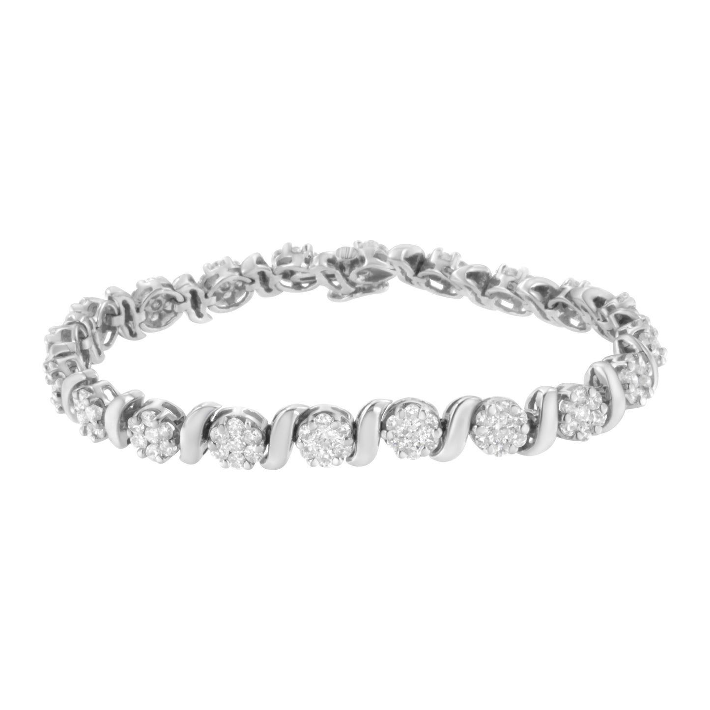 14K White Gold Diamond S-Link Floral Cluster Tennis Bracelet - Size 7"
