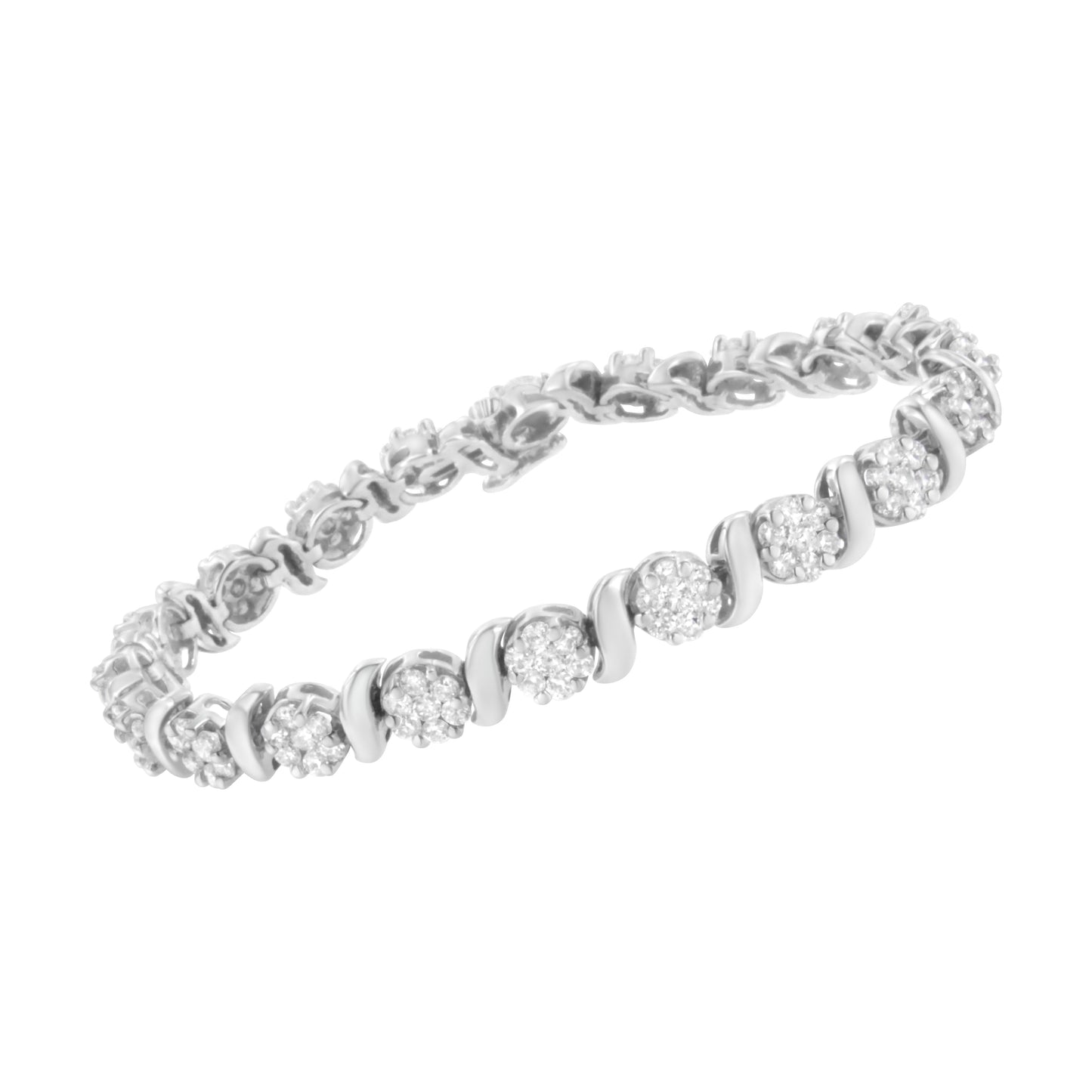 14K White Gold Diamond S-Link Floral Cluster Tennis Bracelet - Size 7"