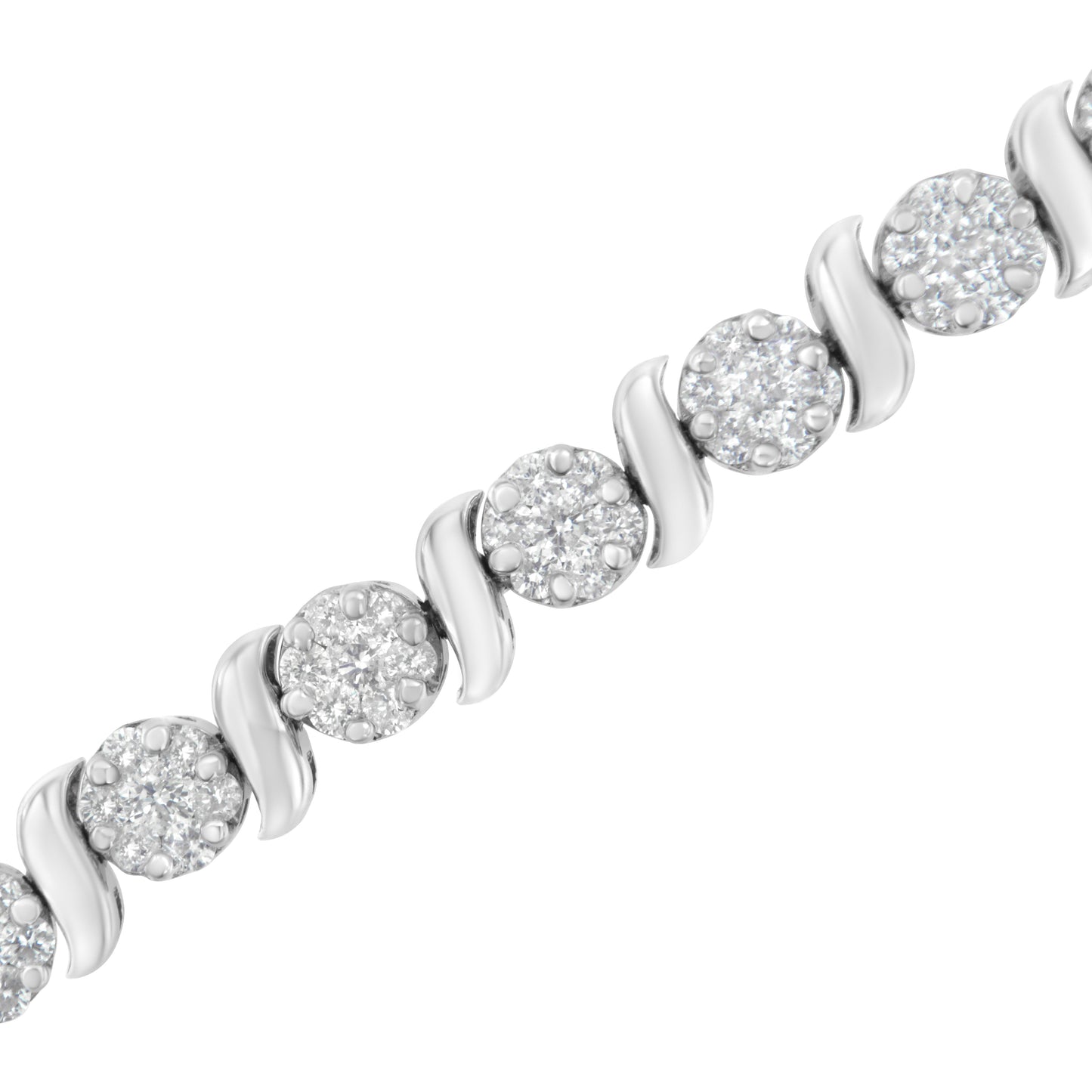 14K White Gold Diamond S-Link Floral Cluster Tennis Bracelet - Size 7"