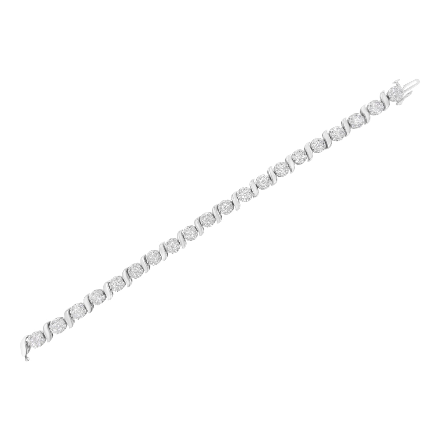 14K White Gold Diamond S-Link Floral Cluster Tennis Bracelet - Size 7"