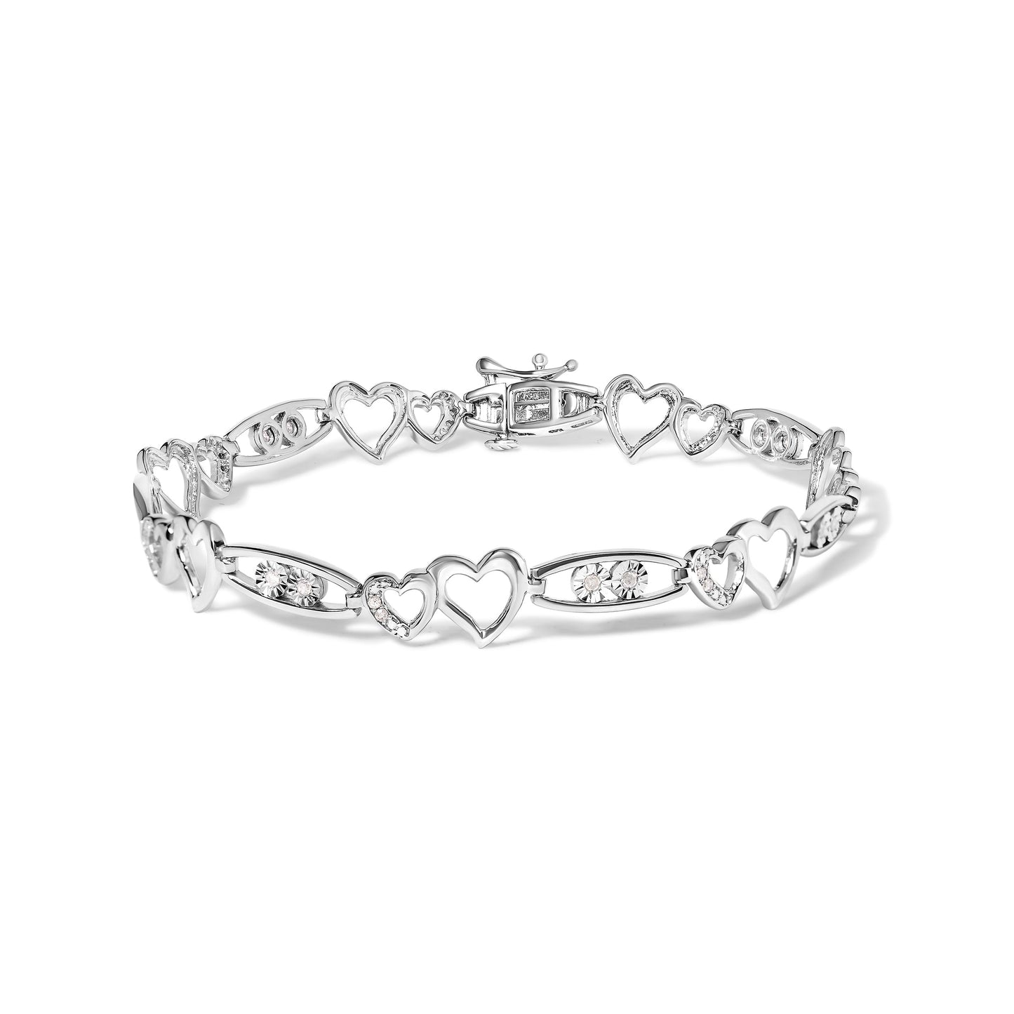 925 Sterling Silver Double Heart Link Bracelet with Diamonds - 7.25"