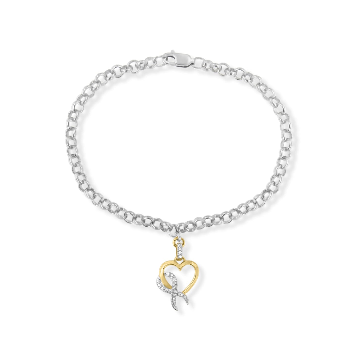 Pulsera de encanto de corazón y cinta de concienciación de diamantes de oro amarillo de 10 quilates