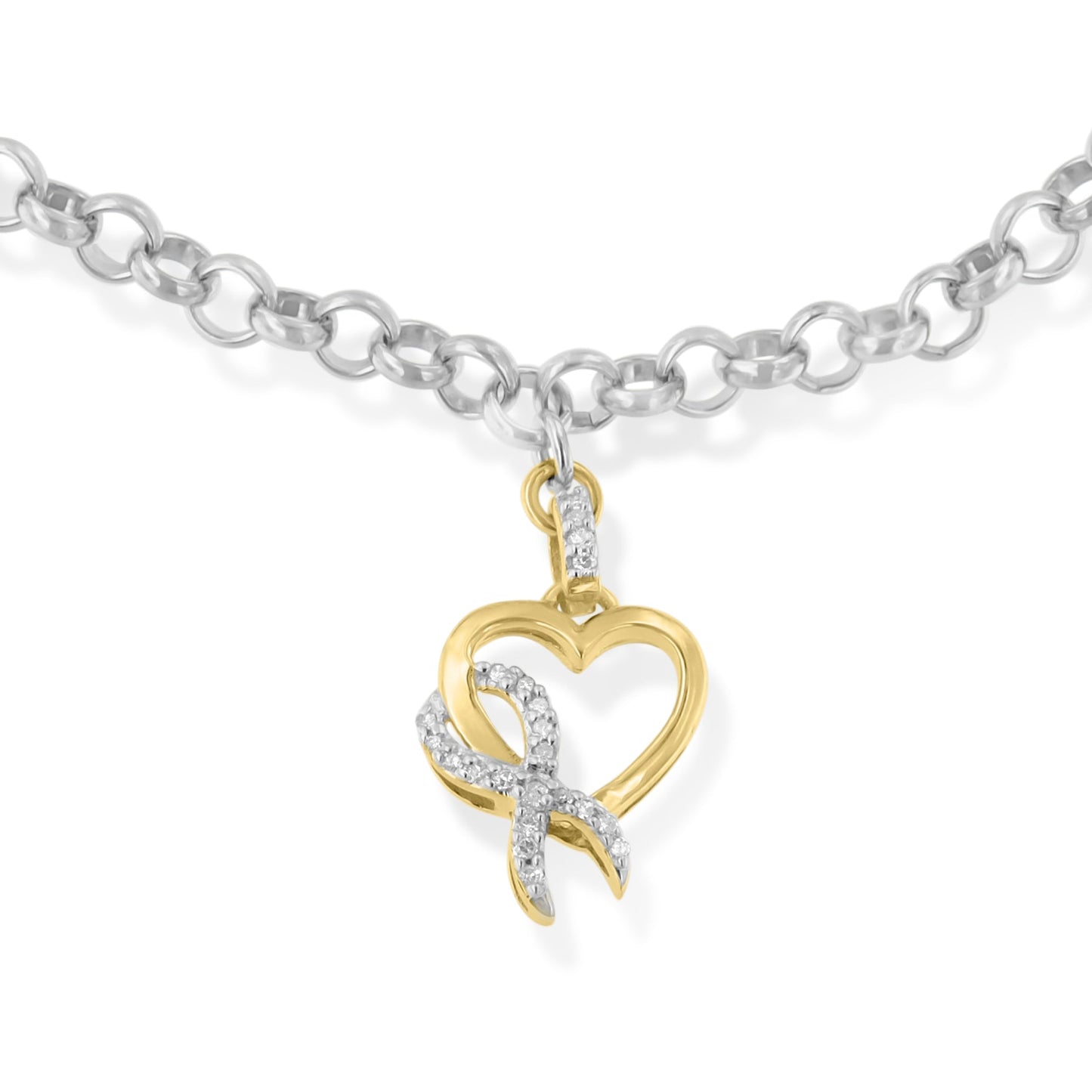 Pulsera de encanto de corazón y cinta de concienciación de diamantes de oro amarillo de 10 quilates
