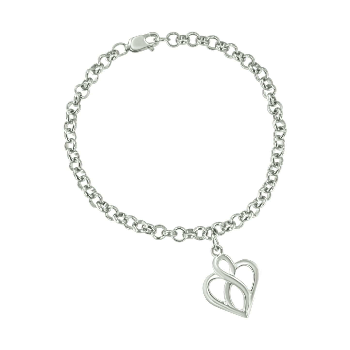 .925 Sterling Silver Open Heart Infinity Chain Charm Bracelet - Size 7