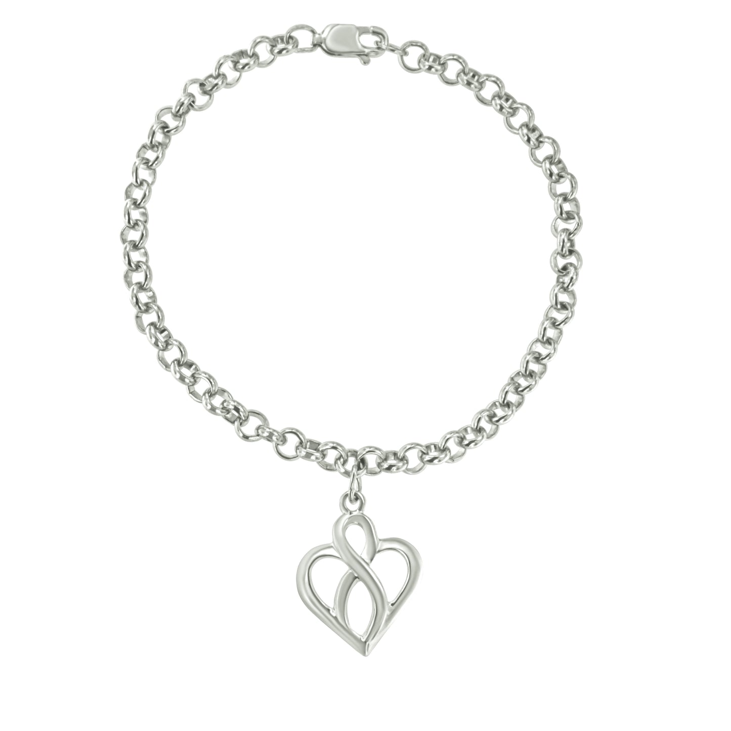 .925 Sterling Silver Open Heart Infinity Chain Charm Bracelet - Size 7