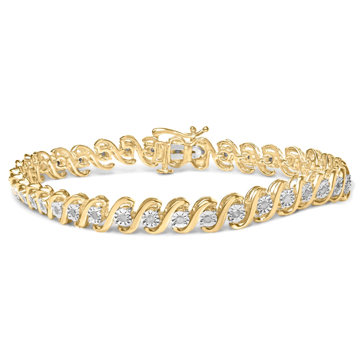 Pulsera de Tenis S-Curve de Diamantes Chapada en Oro Amarillo de 14K - 7"