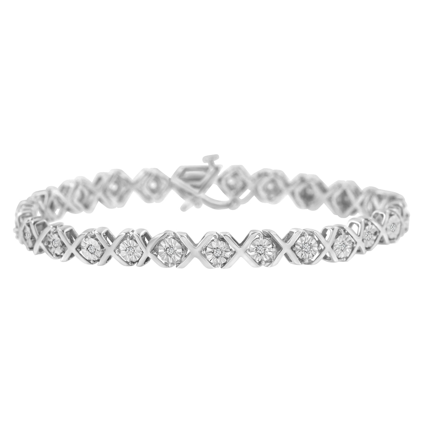.925 Sterling Silver Miracle Set Diamond "X" Link Bracelet - 7.25"