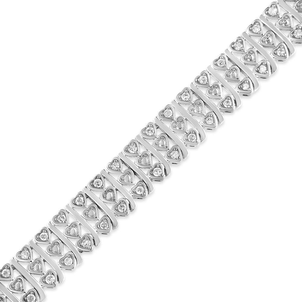 .925 Sterling Silver Diamond Multi Row Heart Link Bracelet - 7.25"