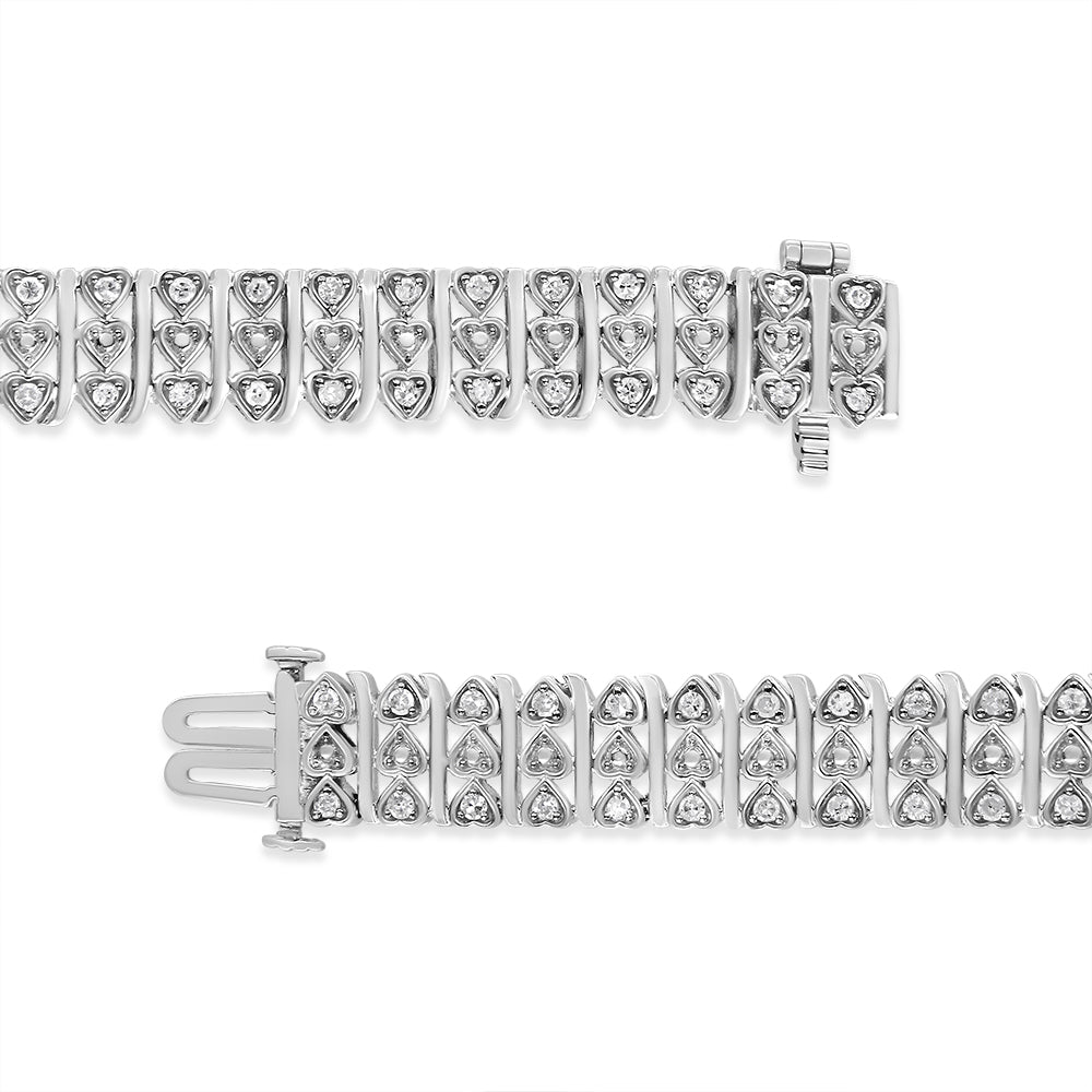 .925 Sterling Silver Diamond Multi Row Heart Link Bracelet - 7.25"