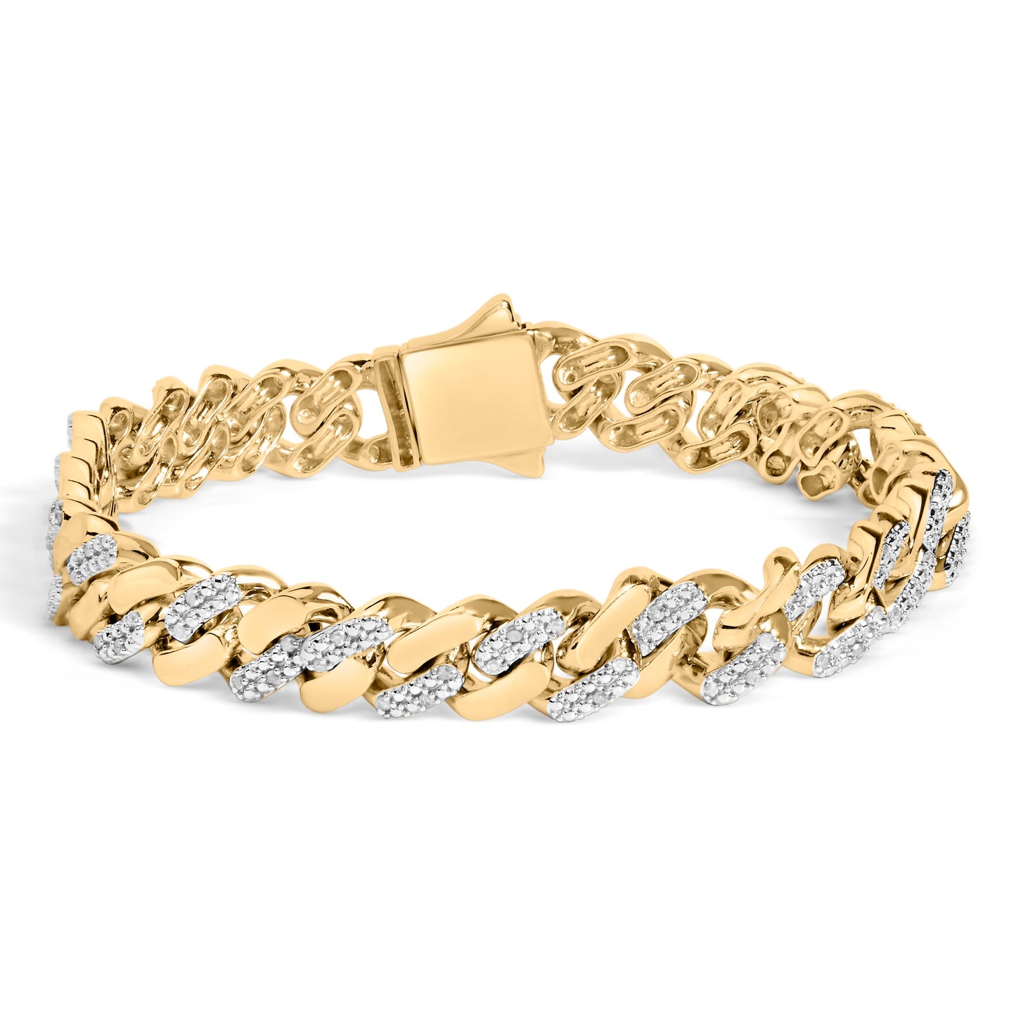 Pulsera de cadena cubana de plata esterlina chapada en oro amarillo de 14K con diamantes - 8.5"